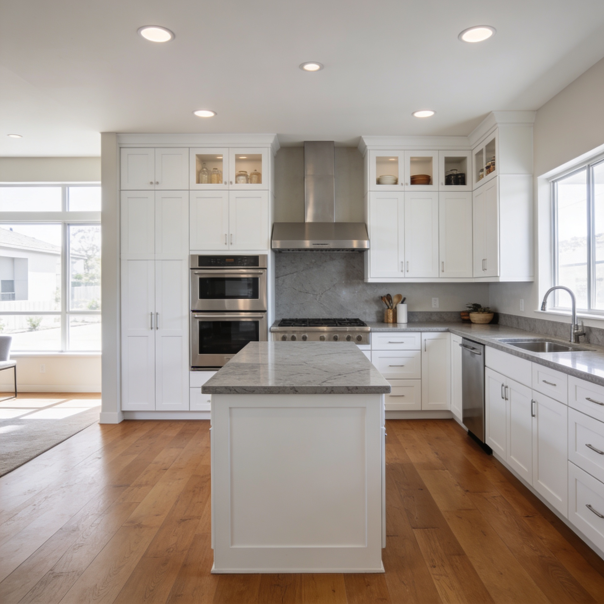Bright kitchen remodel featuring white shaker cabinets, large center island, stone countertops, stainless steel appliances, and recessed lighting.