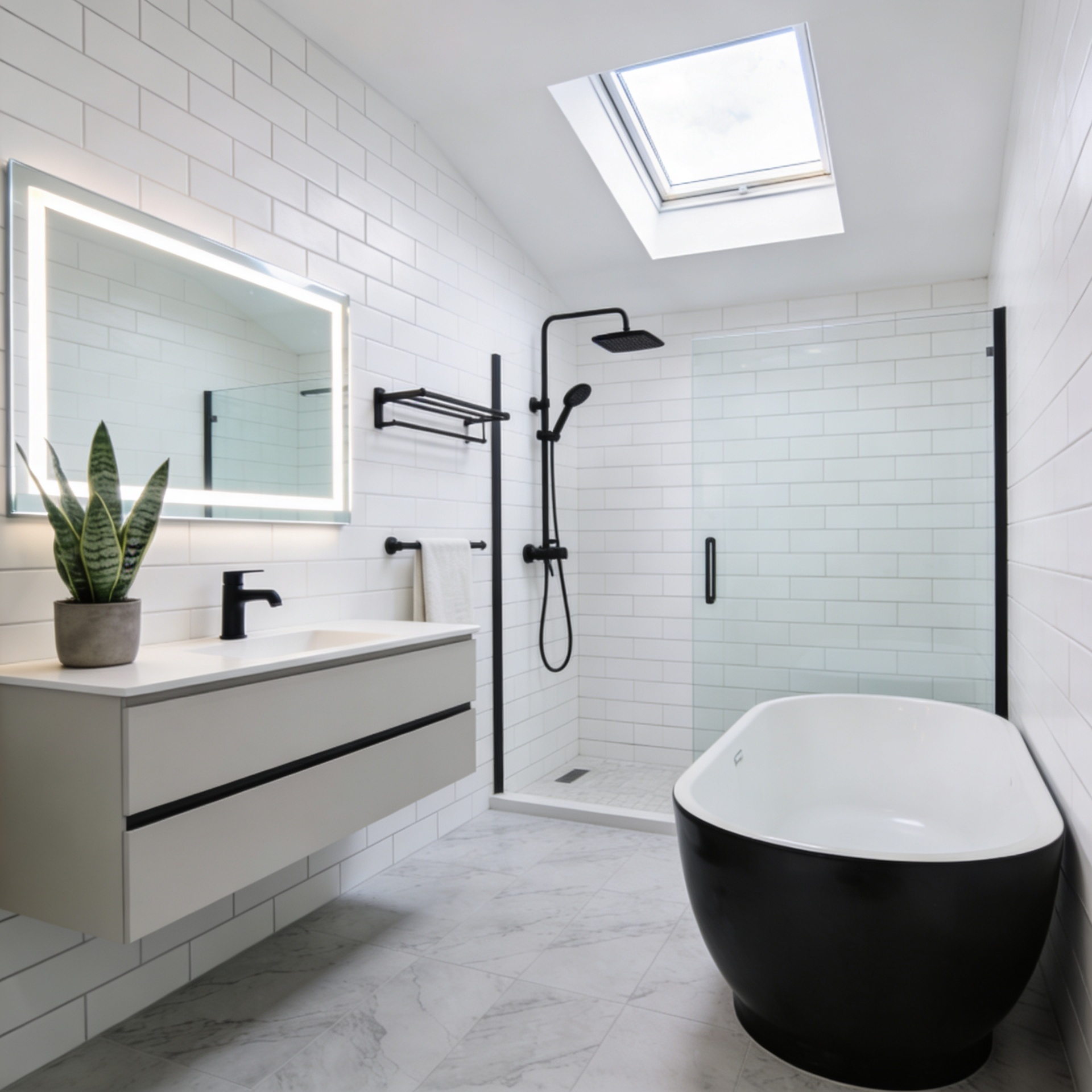 Contemporary bathroom remodel with floating vanity, illuminated mirror, freestanding soaking tub, glass walk-in shower, and a skylight.