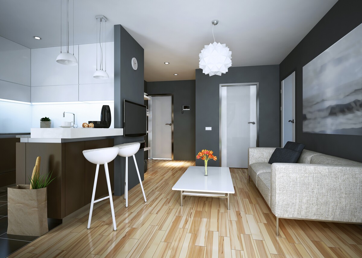 Modern open-concept living space with sleek kitchen bar, minimalist furnishings, dark accent walls, pendant lighting, and warm wood flooring.