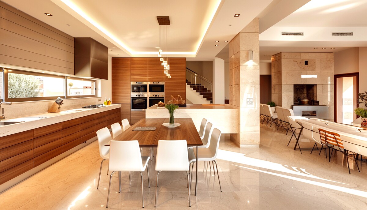 Luxury open-concept kitchen and dining space with warm wood cabinetry, stone finishes, recessed lighting, and modern furnishings.