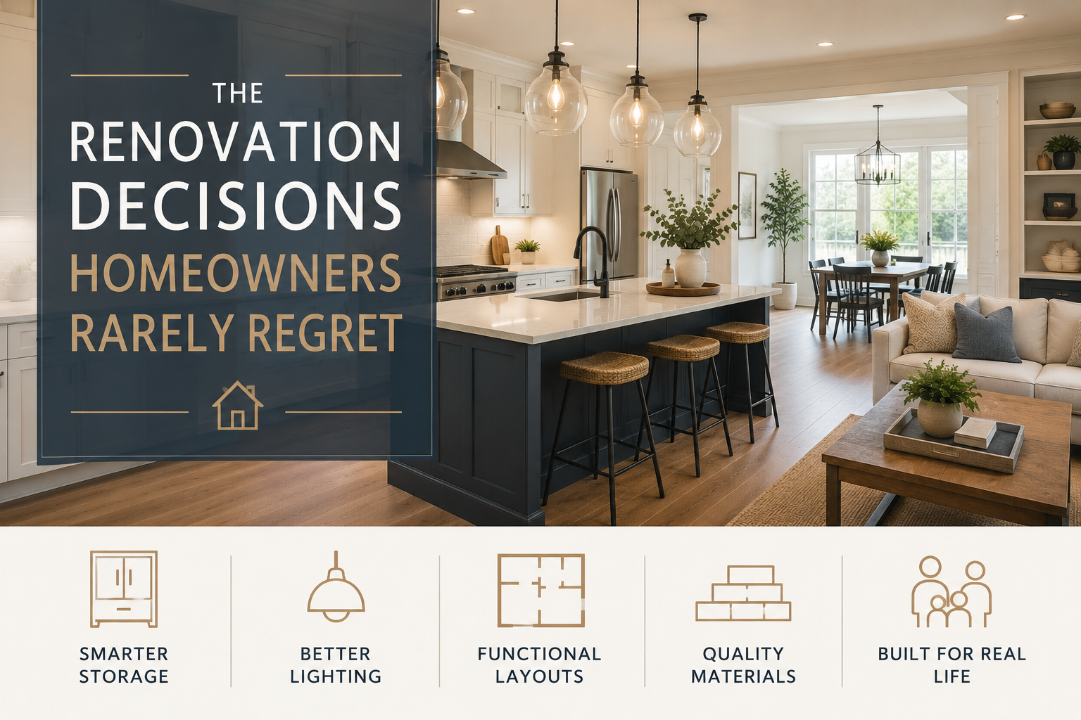 Remodeled kitchen and living space highlighting smart storage, better lighting, functional layouts, and quality materials