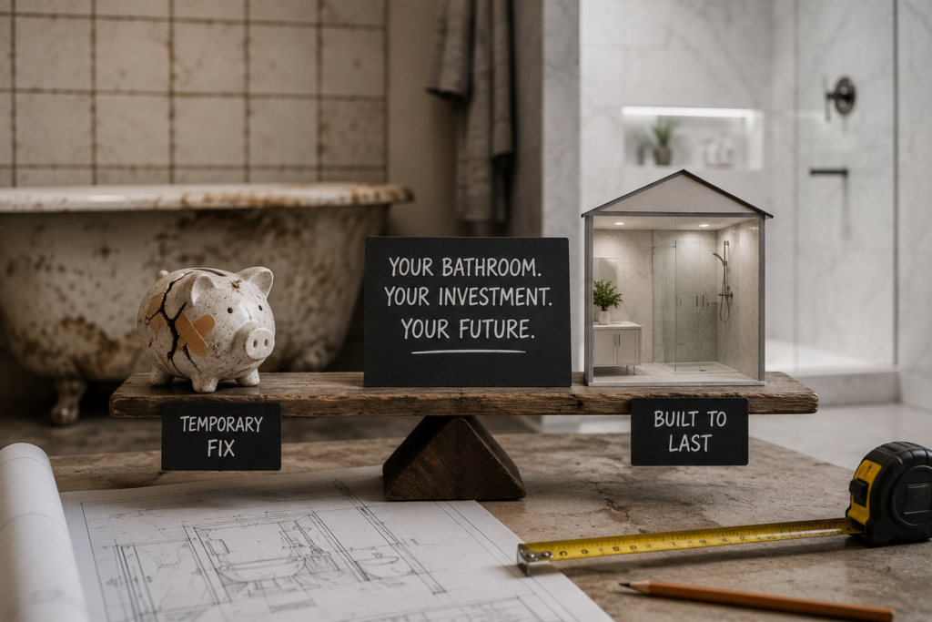 A symbolic bathroom remodeling scene compares temporary fixes with lasting value, showing EGM Construction’s product guidance in Orange County, CA.