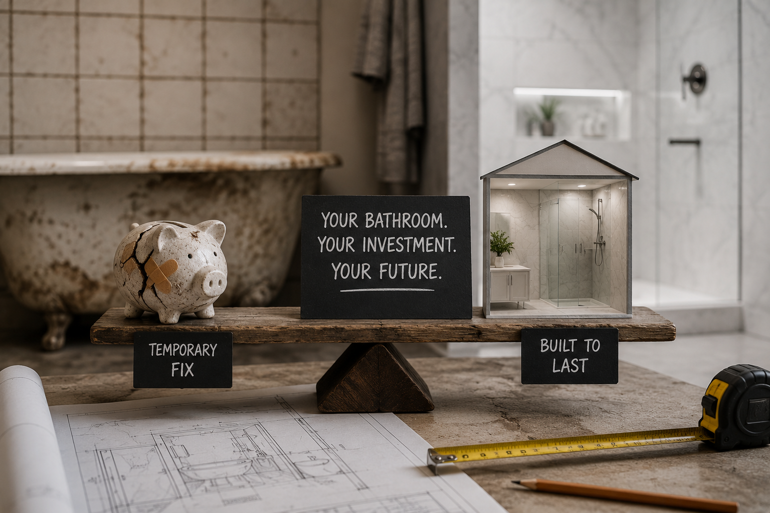 A symbolic bathroom remodeling scene compares temporary fixes with lasting value, showing EGM Construction’s product guidance in Orange County, CA.