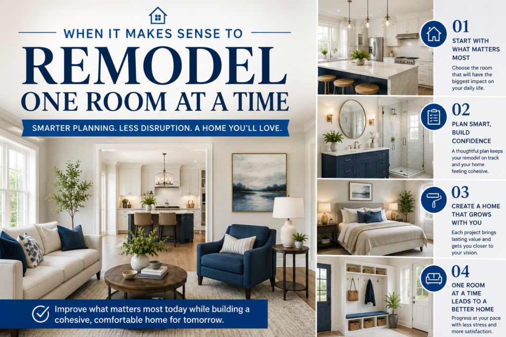Modern home renovation showcasing a beautifully remodeled kitchen, bathroom, bedroom, and living space planned one room at a time.