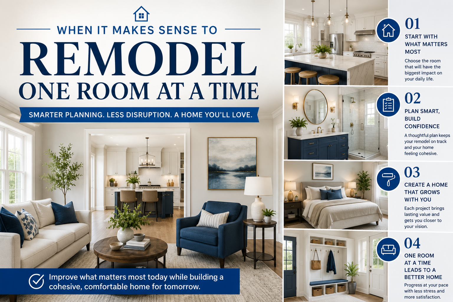 Modern home renovation showcasing a beautifully remodeled kitchen, bathroom, bedroom, and living space planned one room at a time.