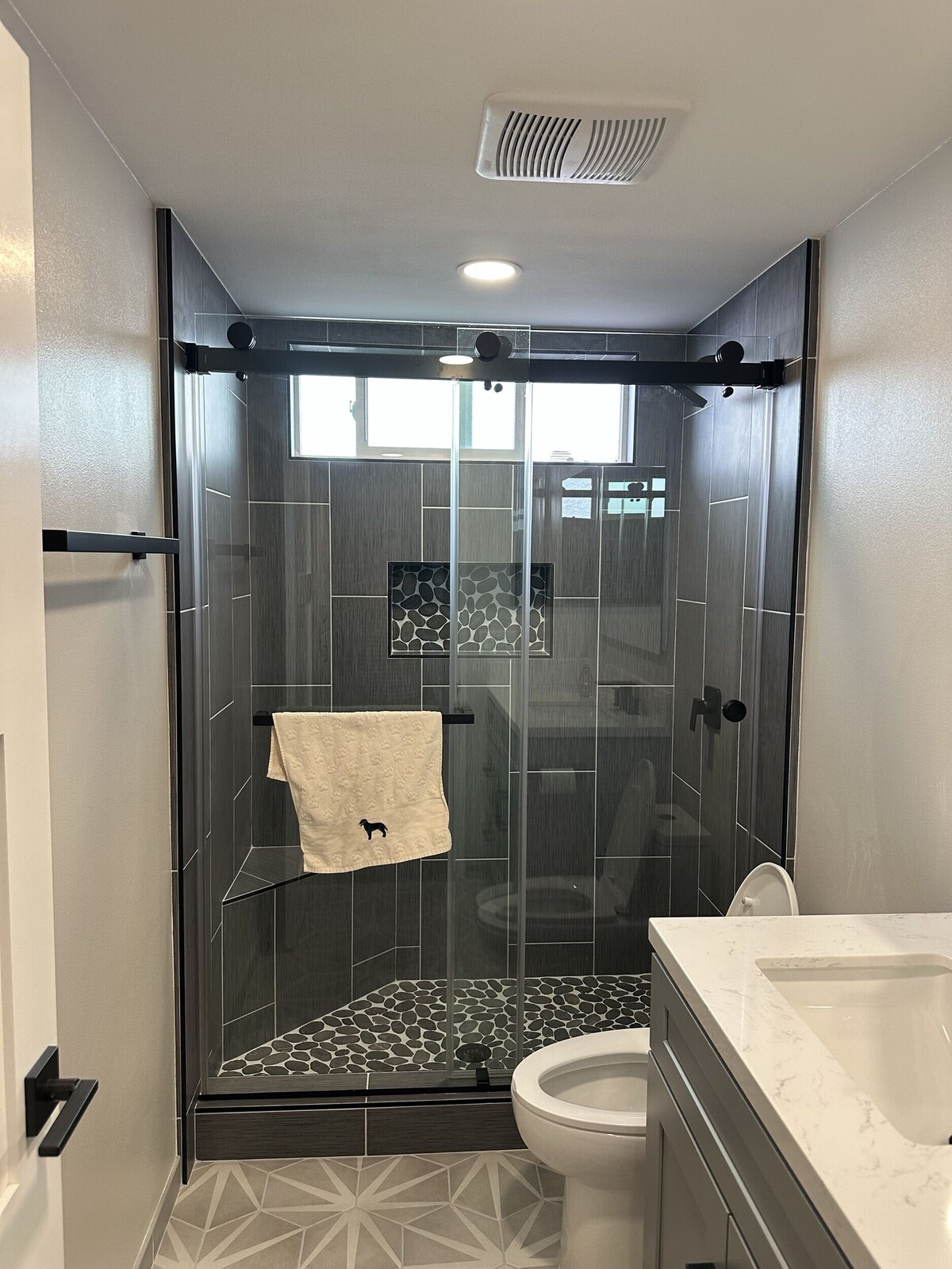 A modern bathroom showcases a glass-enclosed acrylic shower system featuring dark tile-look walls, a pebble-style floor and matching niche, and a sleek sliding door.